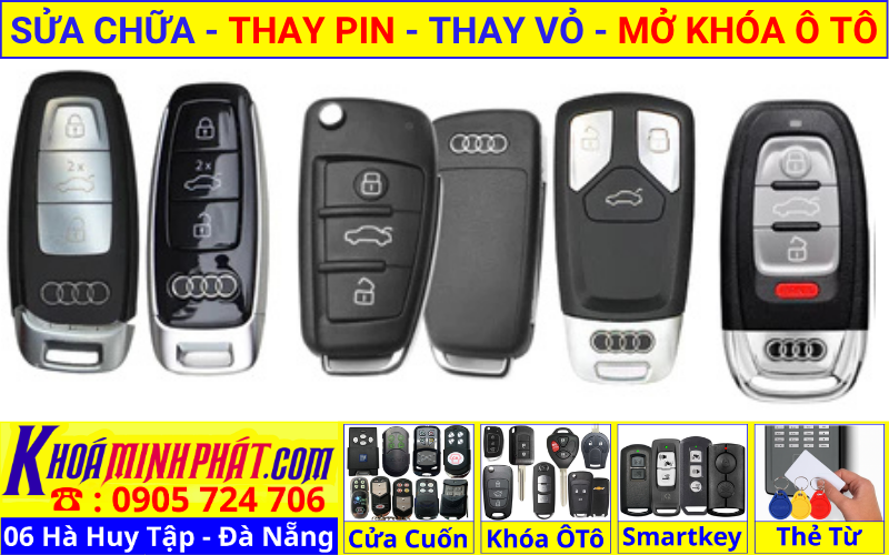 Làm chìa khóa smartkey tại Đà Nẵng - thay vỏ thay pin sửa chữa remote smartkey điều khiển xe Audi A3, A4, A5 Sportback, A6, A7 , A8 L, Q2, Q3, Q5, Q7, Q8, TT, R8, Q4, GT, RS e-tron GT, Avant, RS4