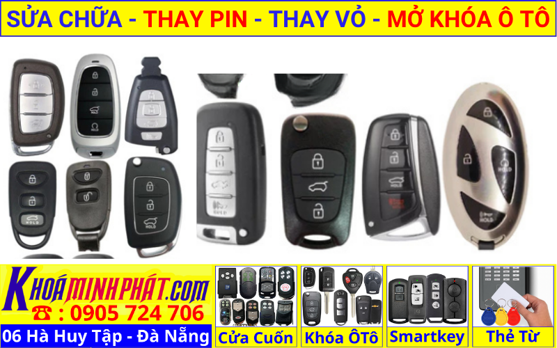 Làm chìa khóa xe ô tô tại Đà Nẵng - thay vỏ thay pin sửa chữa remote smartkey điều khiển xe Hyundai Grand i10, Accent, Elantra, Sonata, Tucson, Santa Fe, Creta, Kona, Solati